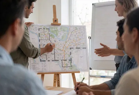 Équipe professionnelle en réunion, analysant des plans détaillés d'événements et de mariages affichés sur un chevalet dans un cadre de travail naturel.