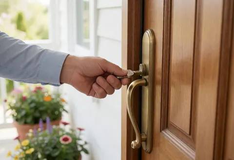 Une main tenant une clé insérée dans la serrure d'une porte en bois clair avec poignée en bronze, devant des plantes en pot.