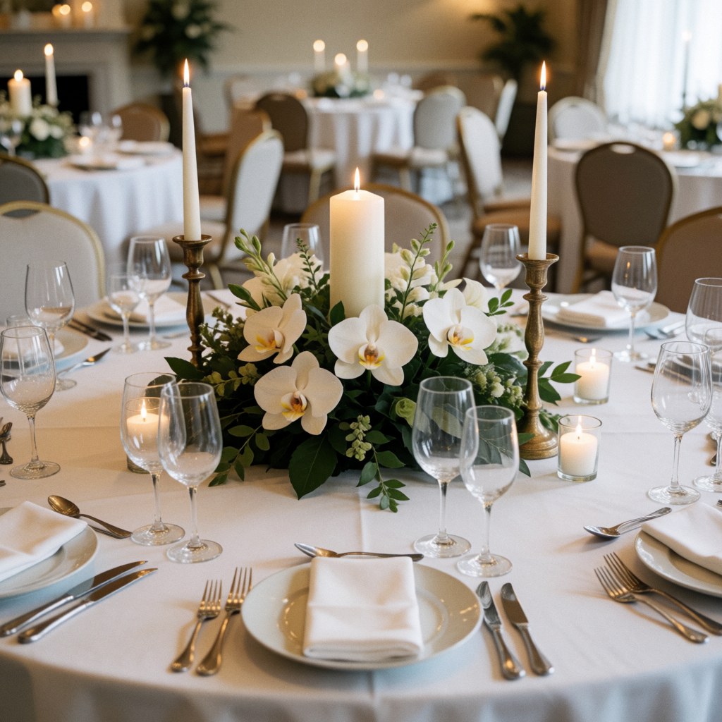 Table de réception ornée d'un bouquet central d'orchidées blanches, de bougies allumées, de vaisselle et de verres sur une nappe blanche dans un salon éclairé doucement.