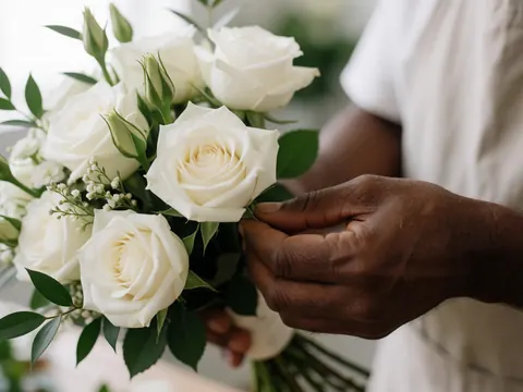 Une main d'expert ajuste délicatement les pétales d'un bouquet floral composé de roses et de feuillage vert, dans un contexte professionnel de préparation événementielle.
