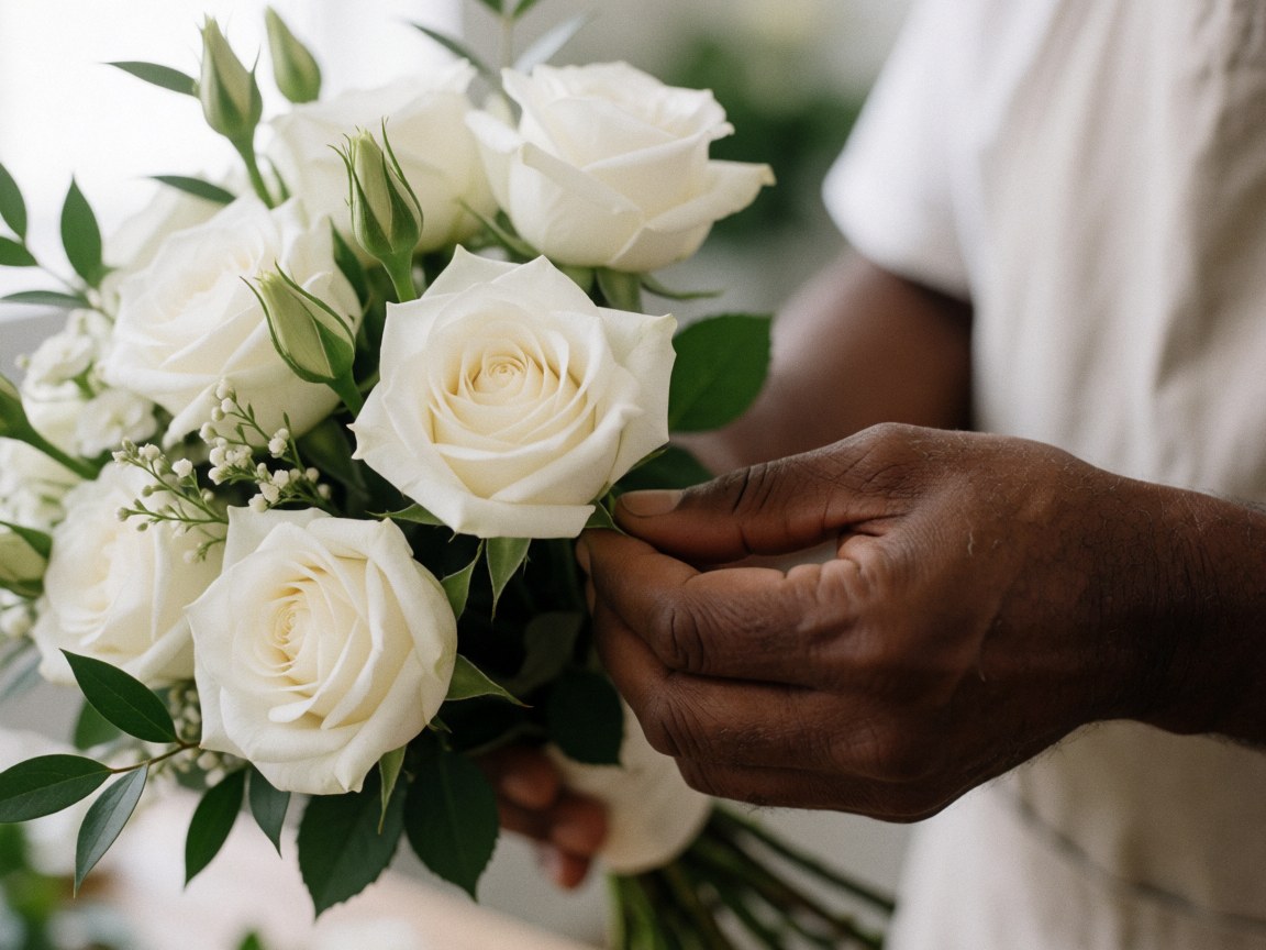 Une main d'expert ajuste délicatement les pétales d'un bouquet floral composé de roses et de feuillage vert, dans un contexte professionnel de préparation événementielle.