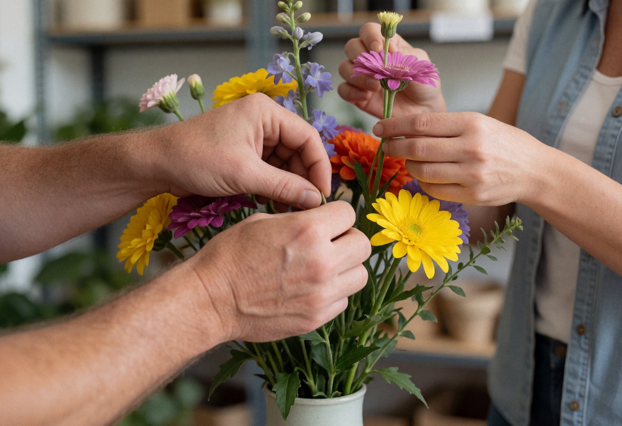 Des mains travaillant avec précision pour créer un bouquet floral coloré dans un atelier de fleuriste.