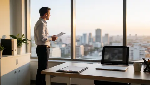 Un homme debout dans un bureau immobilier regarde la ville par une grande fenêtre, avec un bureau et un ordinateur portable en arrière-plan sous la lumière dorée du coucher de soleil