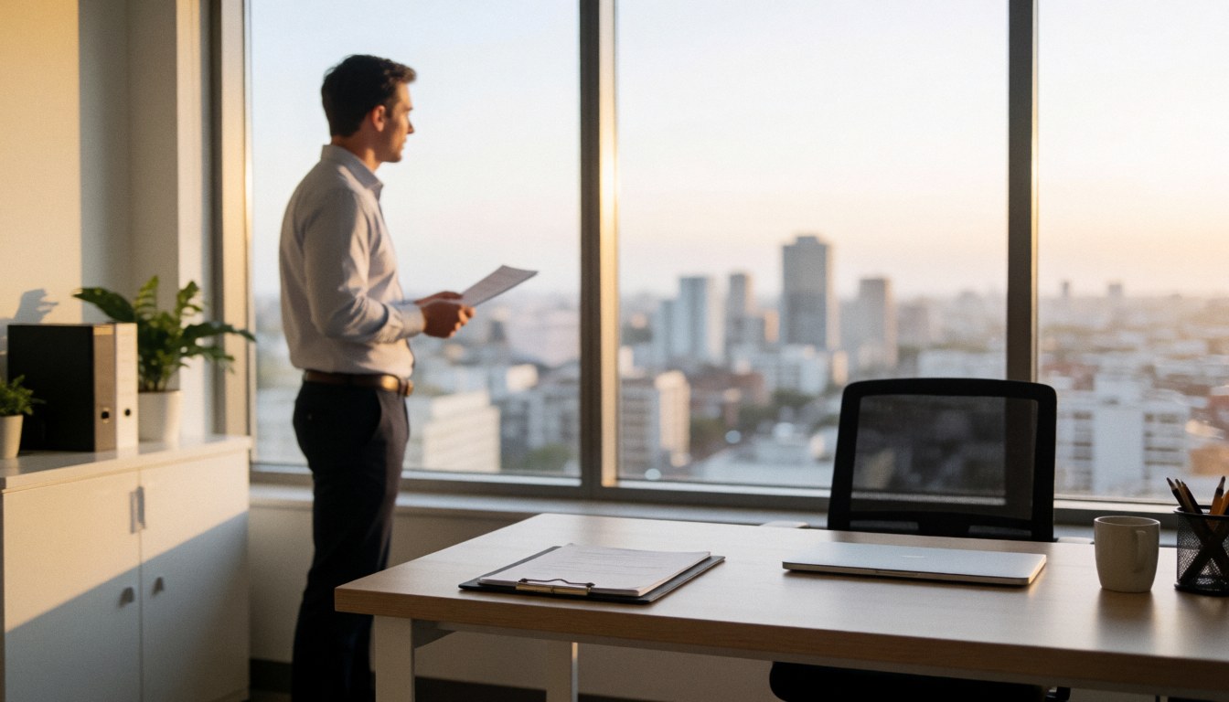 Un homme debout dans un bureau immobilier regarde la ville par une grande fenêtre, avec un bureau et un ordinateur portable en arrière-plan sous la lumière dorée du coucher de soleil