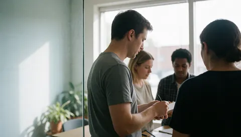 Un groupe de professionnels en tenue décontractée travaille autour d'une table dans un bureau moderne lumineux avec plantes et grandes fenêtres.