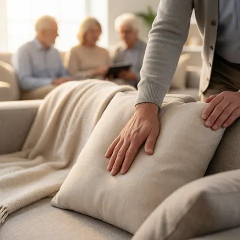 Une main adulte explore la texture d'un coussin de canapé aux tons neutres, avec une nappe et d'autres coussins en arrière-plan flou sous une lumière douce.