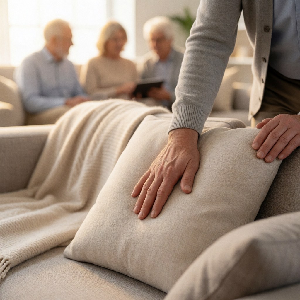 Une main adulte explore la texture d'un coussin de canapé aux tons neutres, avec une nappe et d'autres coussins en arrière-plan flou sous une lumière douce.
