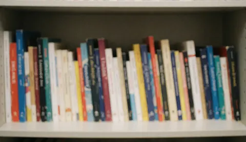 Une étagère blanche contenant des livres aux couleurs vives, servant de fond idéal pour les textes de cours en ligne et l'apprentissage.