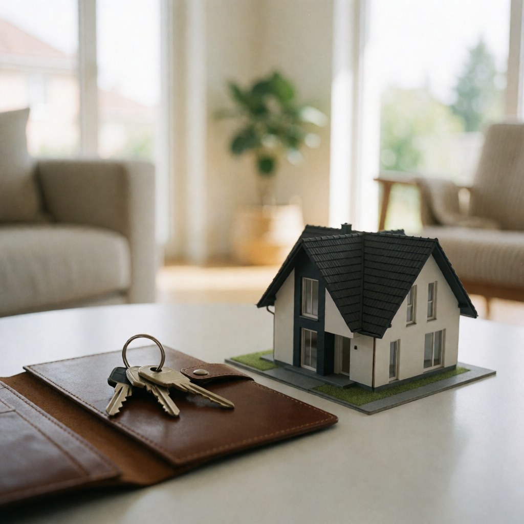 Présentation de clés et de modèles réduits de maisons pour la vente immobilière.
