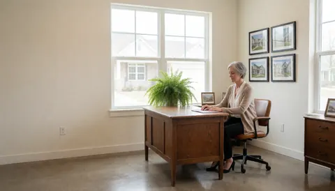 Une agente immobilière est assise à son bureau en bois, concentrée sur son travail dans un espace professionnel calme et lumineux.
