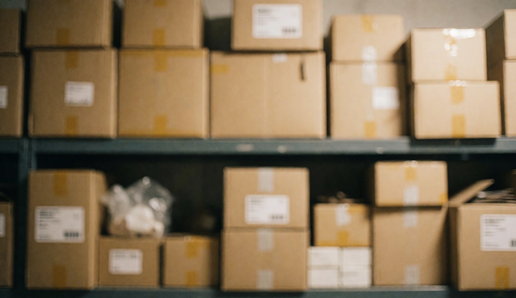 Cartons empilés sur des étagères avec une lumière douce, servant de fond neutre pour textes ou bannières web.