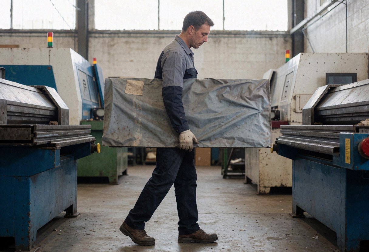 Un travailleur industriel manipule un panneau métallique dans une usine, équipé de lunettes de protection et de gants pour assurer la sécurité lors des opérations.
