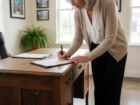 Une femme signe un document sur un bureau en bois dans un bureau avec des fenêtres et des photos de propriétés au mur.