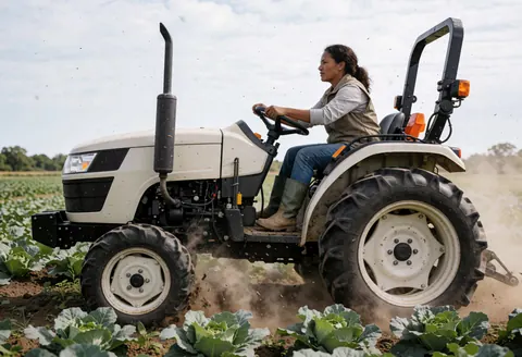 Une femme en tenue de travail conduit un petit tracteur sur un champ de légumes, soulevant de la poussière sous la lumière naturelle.