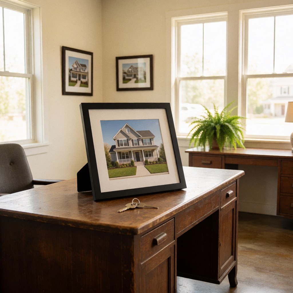 Une clé métallique posée à côté d'un document officiel sur une surface de bureau en bois clair, évoquant la transaction immobilière.