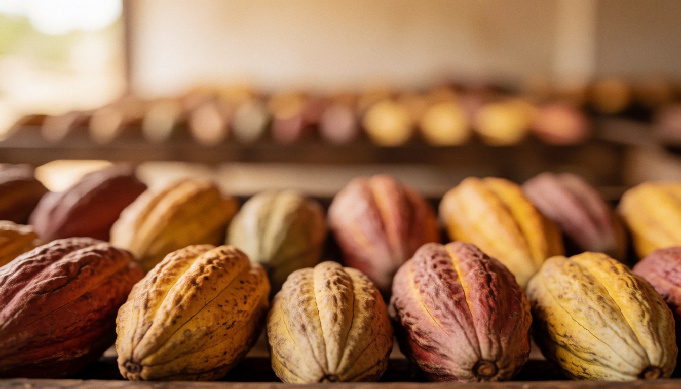 Des fèves de cacao disposées en rangées sur des étagères en bois pour le séchage, dans un environnement naturel aux tons chauds et terreux.