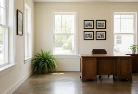 Intérieur d'agence immobilière moderne avec bureau en bois ancien, plante verte, grandes fenêtres et photos de propriétés au mur.