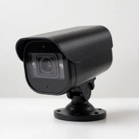 Caméra de sécurité moderne noire sur fond blanc, produit pour entreprises de sécurité, technologie, surveillance professionnelle pour bureaux, commerces, industrie, entrepôts et résidences.