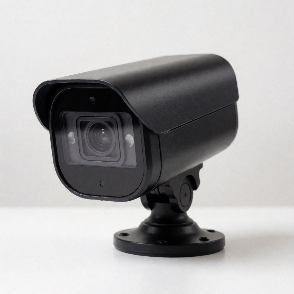 Caméra de sécurité moderne noire sur fond blanc, produit pour entreprises de sécurité, technologie, surveillance professionnelle pour bureaux, commerces, industrie, entrepôts et résidences.