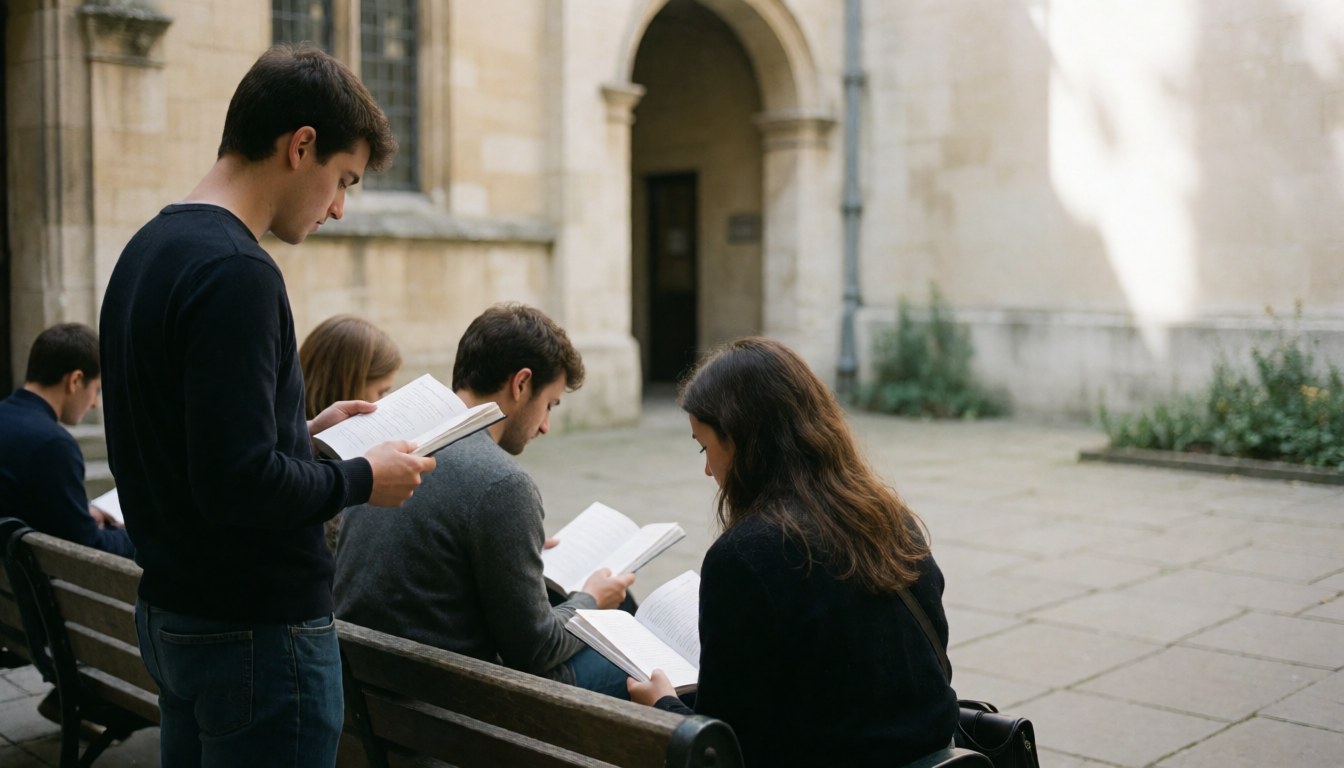 Vue d'une place universitaire où des adultes sont assis sur des bancs en pierre, étudiant et lisant des livres dans un cadre architectural avec des arcs et un ciel nuageux.