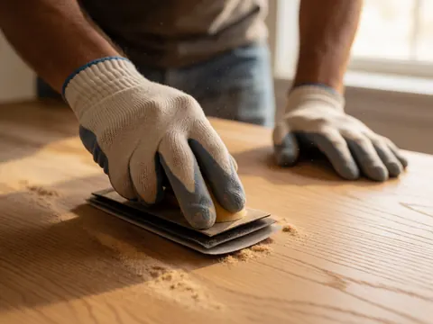 Gros plan sur des mains gantées qui ponnent une surface en bois clair pour en lisser la texture.