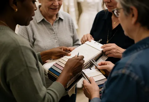 Une conseillère montre des échantillons de tissu à plusieurs clientes dans une boutique de vêtements, créant une ambiance professionnelle et chaleureuse.