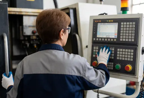 Une femme opératrice portant des lunettes et des gants de protection ajuste les commandes sur le panneau d'une machine CNC dans un environnement industriel.