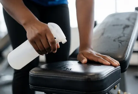 Personne nettoyant un banc de salle de sport avec du désinfectant, focus sur les mains et l'équipement, fond flou, éclairage clinique pour montrer l'hygiène.