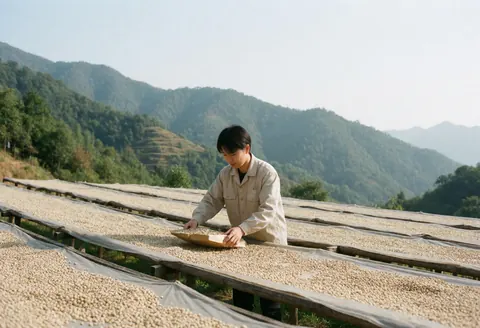 Des grains de café étalés sur des lits de séchage en extérieur dans une exploitation agricole, avec des montagnes en arrière-plan.
