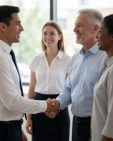Deux hommes souriants se serrent la main dans un bureau lumineux avec deux femmes en arrière-plan, évoquant une ambiance professionnelle positive et collaborative.