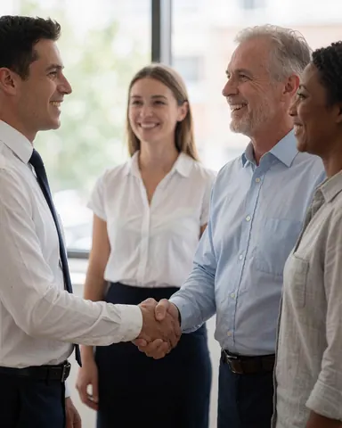 Deux hommes souriants se serrent la main dans un bureau lumineux avec deux femmes en arrière-plan, évoquant une ambiance professionnelle positive et collaborative.