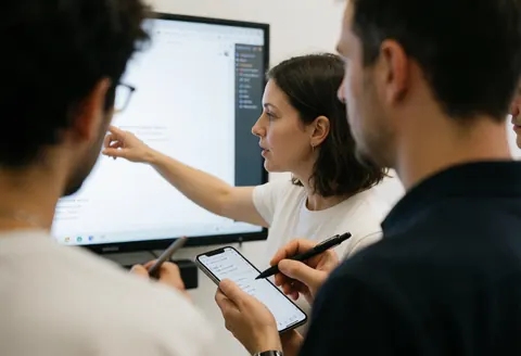 Une instructrice explique la codification à des étudiants en classe, avec des mains travaillant sur un écran et un téléphone, dans un environnement professionnel.
