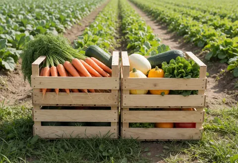 Caisse remplie de carottes, courgettes et laitue fraîchement récoltées dans un champ agricole vert.