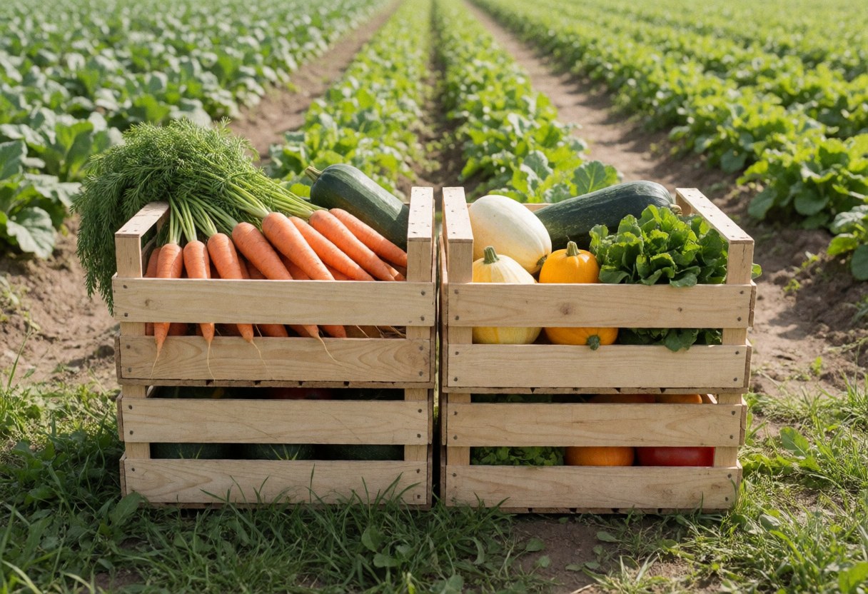 Caisse remplie de carottes, courgettes et laitue fraîchement récoltées dans un champ agricole vert.