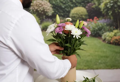 Un homme en chemise blanche compose un bouquet floral dans un jardin, illustrant un service client attentif pour un hôtel ou un restaurant.