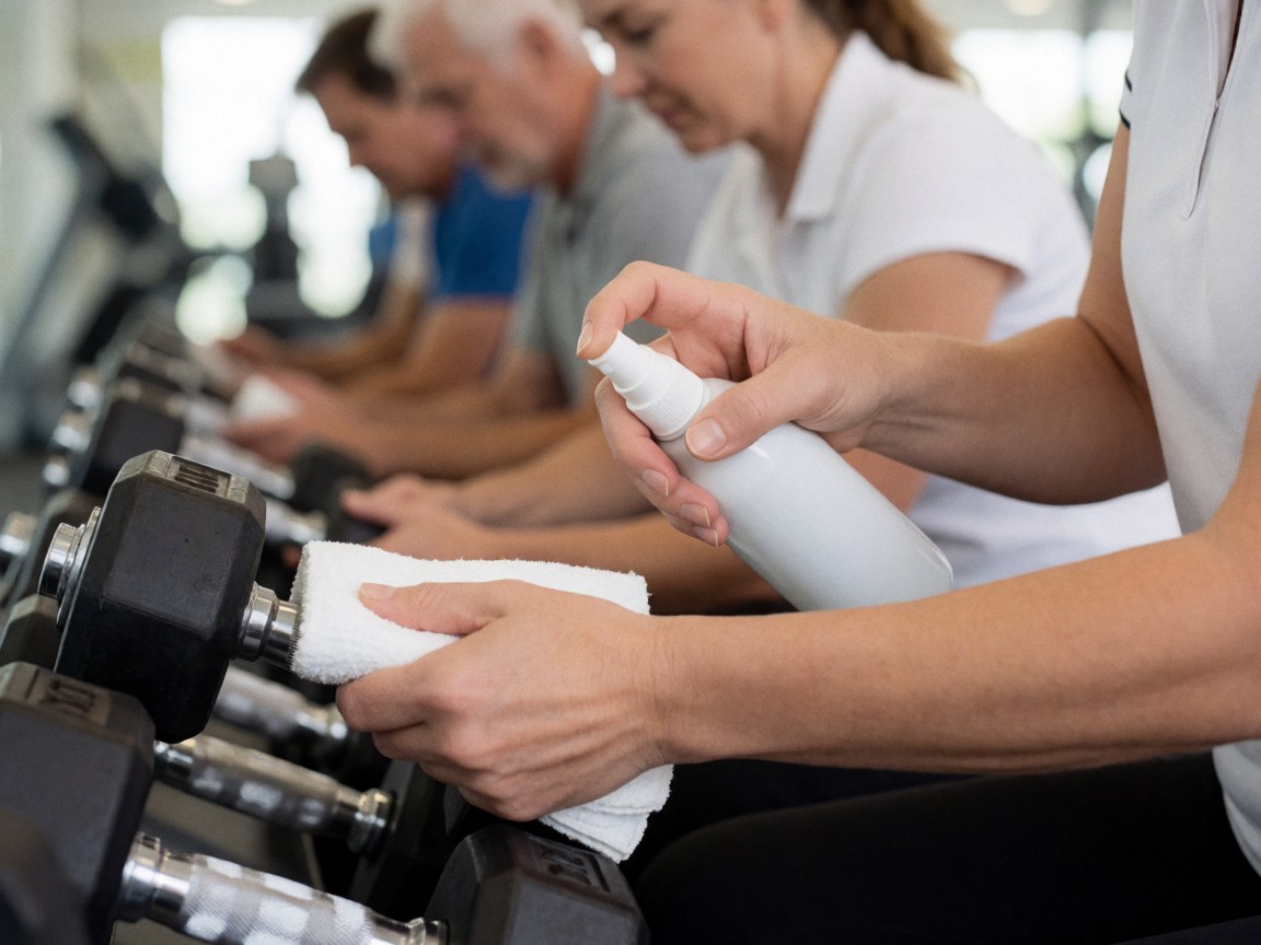 Gros plan sur des mains utilisant un désinfectant et une serviette blanche pour nettoyer des haltères, soulignant l'hygiène et l'entretien du matériel en fitness.