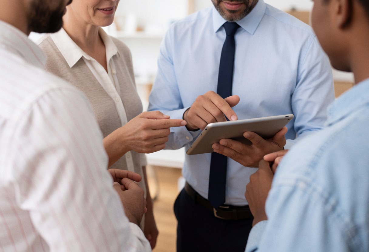 Un coach professionnel explique des informations à un client en tenant une tablette.