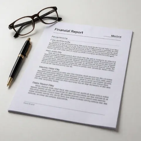Rapport financier posé sur un bureau blanc avec des lunettes et un stylo pour la gestion comptable.