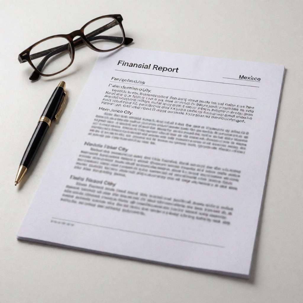 Rapport financier posé sur un bureau blanc avec des lunettes et un stylo pour la gestion comptable.