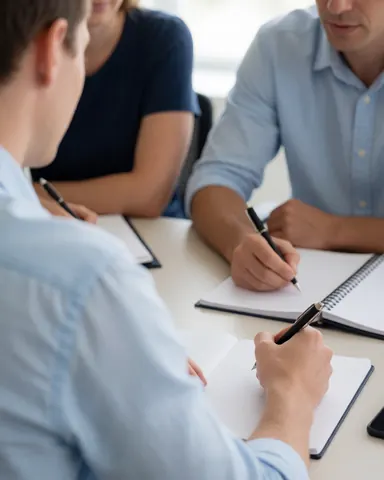 Un étudiant est assis à un bureau en train d'écrire dans un cahen avec un stylo.