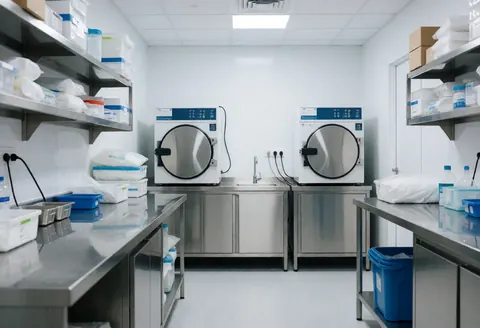 Intérieur d'un laboratoire clinique avec deux autoclaves, tables en acier inoxydable, étagères avec matériaux stériles et murs blancs, environnement propre et ordonné.