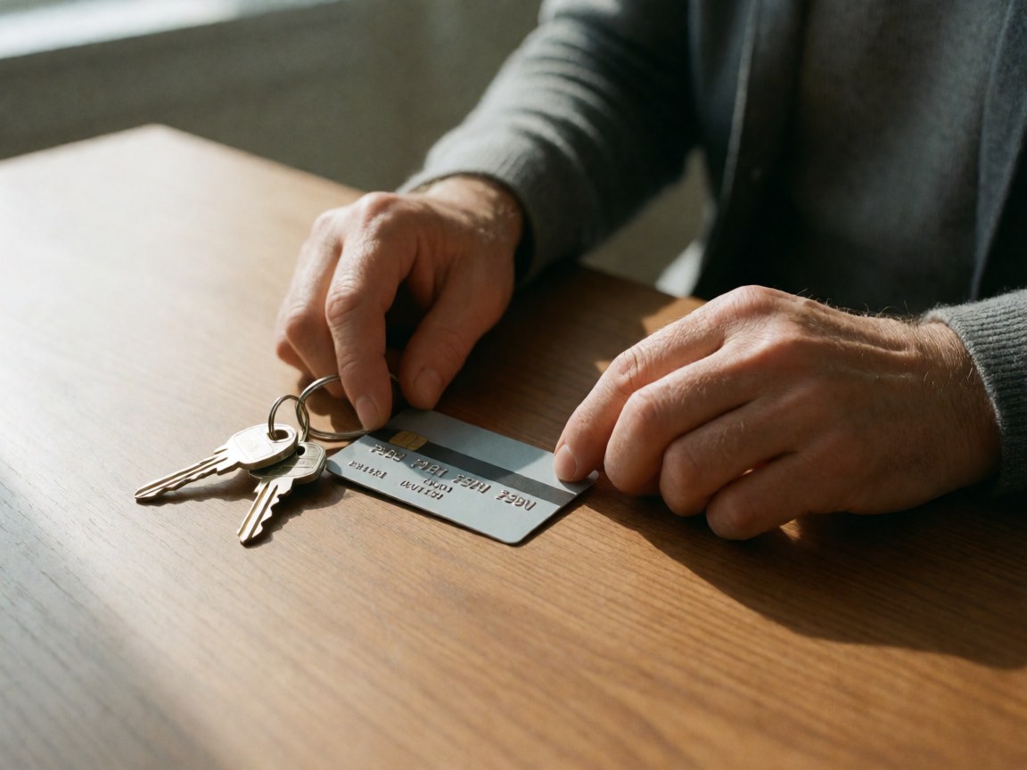 Une main adulte tient une carte de crédit et un jeu de clés sur une table en bois clair éclairée par la lumière naturelle, symbolisant propriété et sécurité financière.