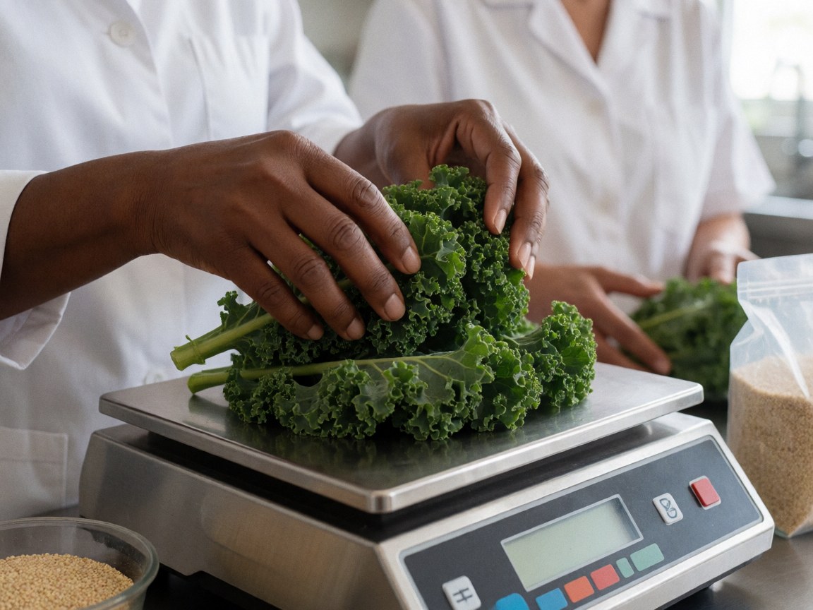 Une main sombre pèse des légumes verts frais comme le kale sur une balance numérique blanche en cuisine.