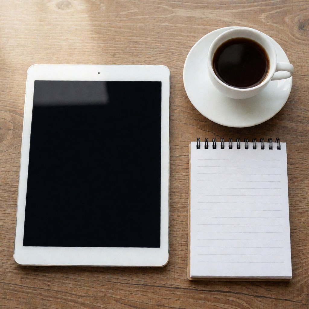 Vue de dessus d'une tablette, d'un café noir dans une tasse blanche posée sur une soucoupe et d'un carnet sur une table en bois pour le travail.