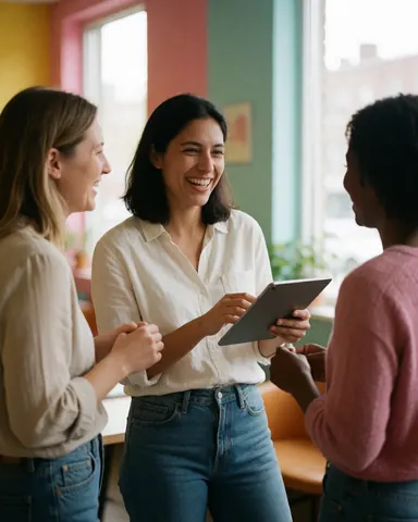 Membres d'une équipe créative en réunion, regardant ensemble le contenu affiché sur une tablette numérique dans un environnement de travail collaboratif.