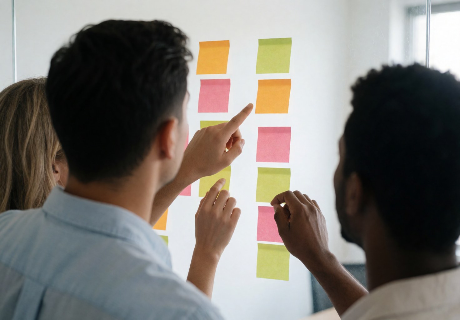 Trois personnes organisent des notes adhésives colorées sur un mur blanc lors d'une réunion professionnelle lumineuse.