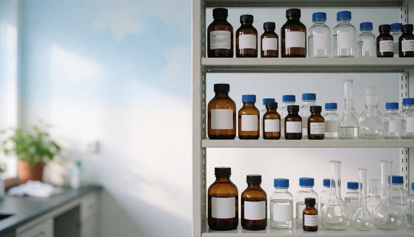 Étagère métallique contenant des bouteilles en verre et des réactifs dans un laboratoire clinique, sur fond doux avec lumière naturelle et une plante dans le coin.