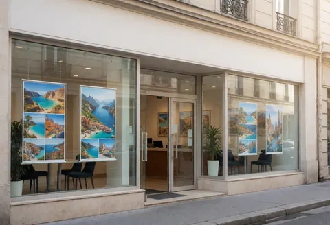 Façade moderne d'une agence de voyages avec des vitrines exposant des affiches de destinations touristiques, une entrée avec portes en verre et un intérieur visible avec des chaises et des plantes.