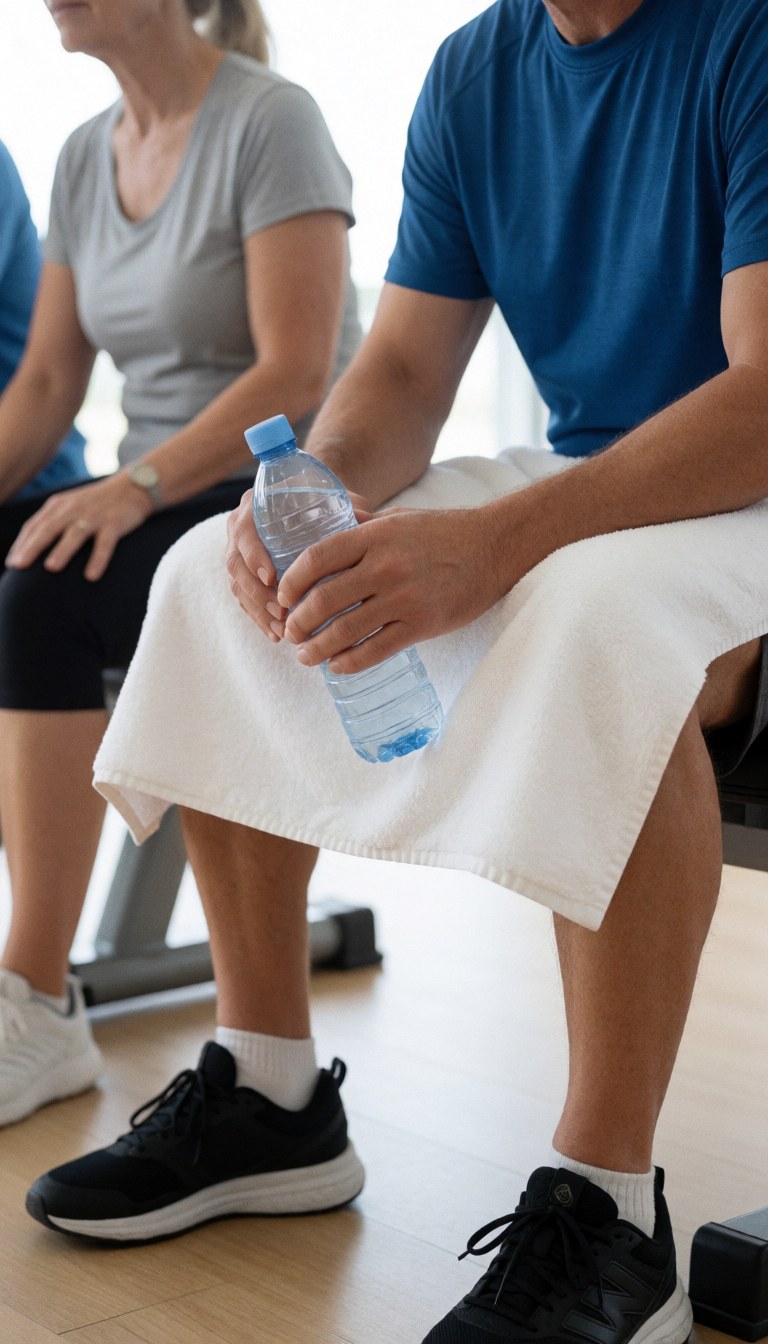 Adulte au repos sur un banc de salle de sport, tenant une serviette blanche et une bouteille d'eau, chaussures noires, fond lumineux et propre, éclairage professionnel.