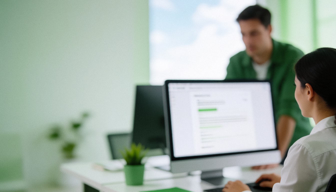 Bureau moderne aux murs verts avec des ordinateurs, espace vide à gauche pour ajouter du texte, ambiance professionnelle et épurée.
